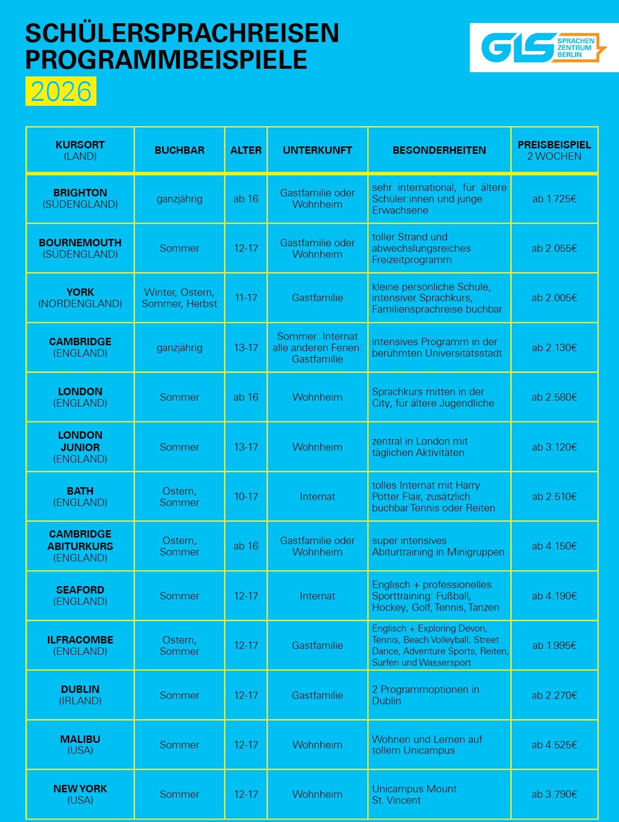 Preise Schülersprachreisen