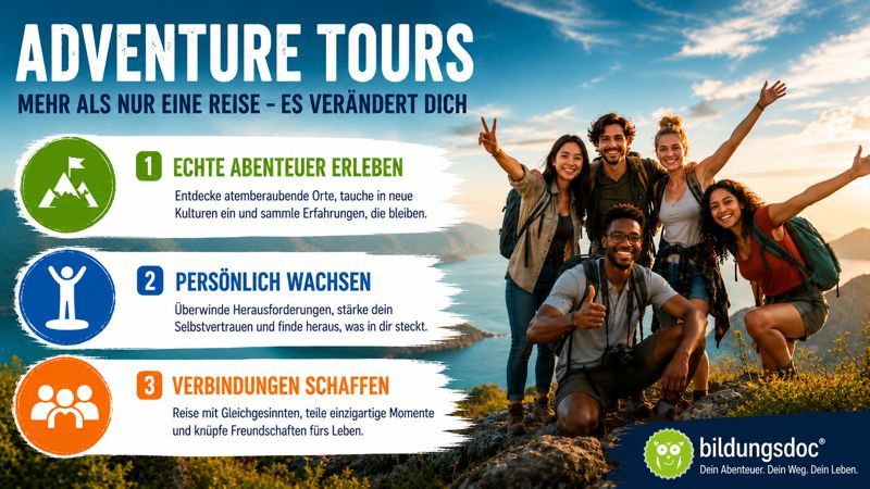 Adventure Tours – Mehr als nur eine Reise Multikulturelle Gruppe junger Erwachsener bei einer Adventure Tour in den Bergen bei Sonnenuntergang – Abenteuer, Persönlichkeitsentwicklung und internationale Freundschaften mit bildungsdoc®.