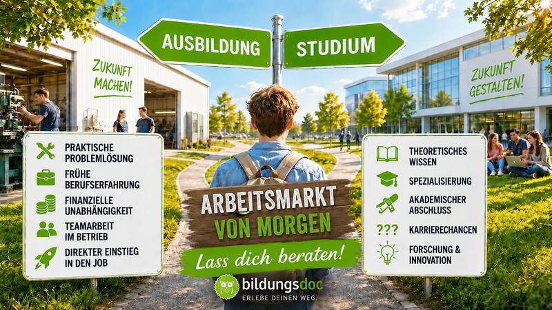 Arbeitsmarkt von morgen – Ausbildung oder Studium? | bildungsdoc® Junger Mann steht zwischen den Wegweisern „Ausbildung“ und „Studium“ und informiert sich über den Arbeitsmarkt von morgen, moderne Karrierewege, Soft Skills und Zukunftschancen im KI-Zeitalter.