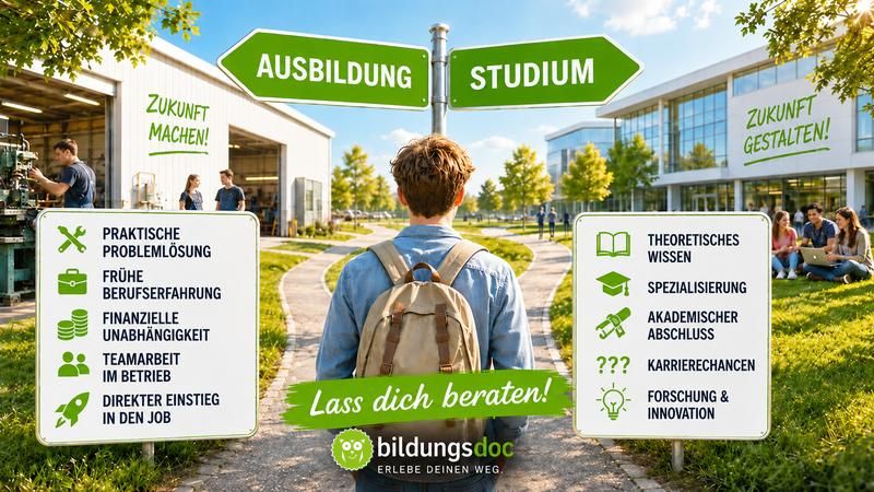 Ausbildung oder Studium – Welcher Weg passt zu dir? Jugendlicher steht zwischen Ausbildung und Studium an einer Weggabelung – Vergleich von praktischer Ausbildung und akademischem Studium.
