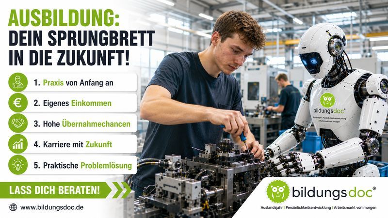 Ausbildung mit Zukunft – Azubi arbeitet mit humanoidem Roboter in moderner Industriehalle Junger Auszubildender richtet gemeinsam mit einem humanoiden Roboter eine moderne Industriemaschine in einer großen Produktionshalle ein. Die Ausbildung verbindet praktische Erfahrung, Zukunftstechnologien, KI und hervorragende Karrierechancen.