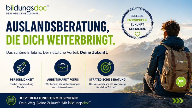 Junger Mann blickt in die Berge und symbolisiert Auslandserfahrung, Persönlichkeitsentwicklung und strategische Auslandsberatung mit bildungsdoc®.