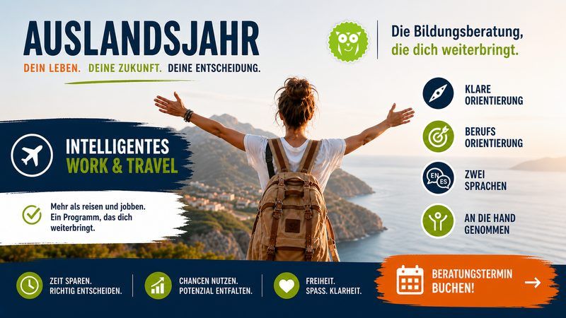 Junge Frau mit Rucksack blickt über Küstenlandschaft und symbolisiert Auslandsjahr, Work & Travel, Persönlichkeitsentwicklung und Berufsorientierung mit bildungsdoc®.