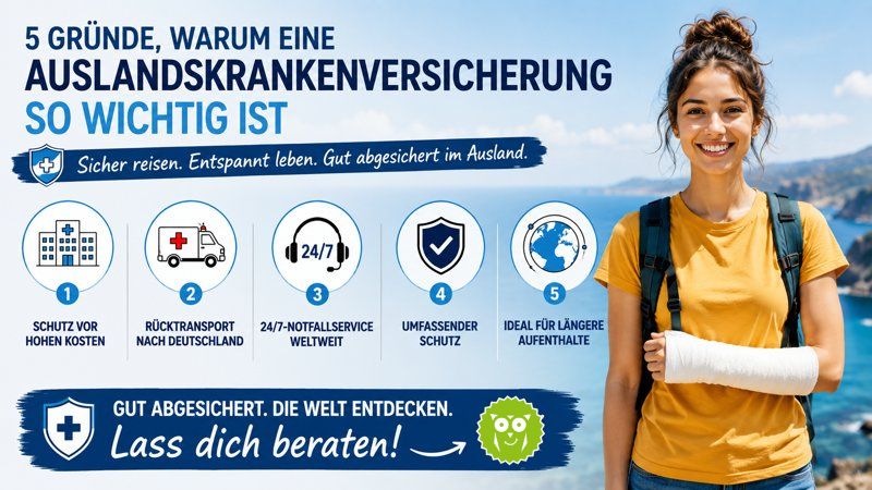 5 Gründe, warum eine Auslandskrankenversicherung so wichtig ist. Junge Reisende mit eingegipstem Unterarm und Rucksack vor Meereskulisse. Das Bild erklärt die wichtigsten Vorteile einer Auslandskrankenversicherung für längere Auslandsaufenthalte.