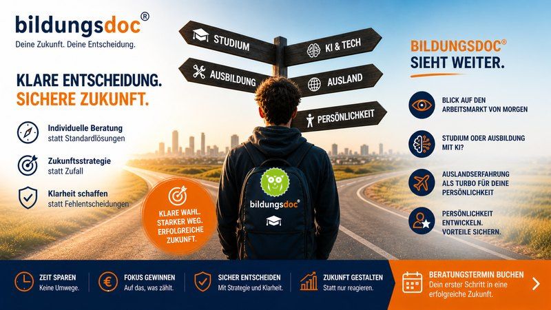 Jugendlicher steht vor Wegweisern zu Studium, Ausbildung, KI & Tech, Ausland und Persönlichkeitsentwicklung – Berufsorientierung mit bildungsdoc®