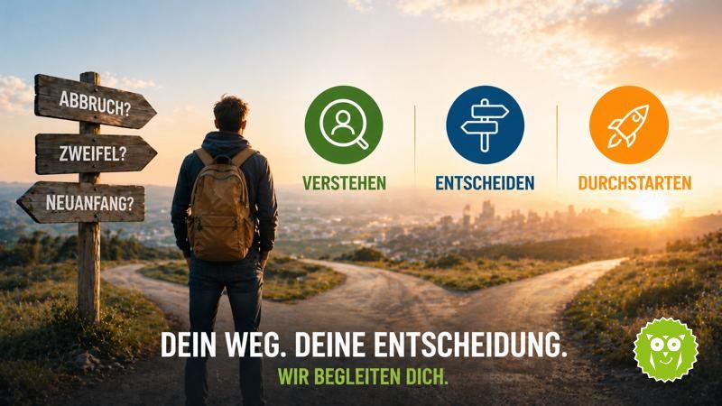 Dein Weg. Deine Entscheidung. Wir begleiten dich. Junger Mann steht an einer Weggabelung und symbolisiert Neustart, Berufsorientierung und persönliche Entscheidungen mit bildungsdoc®.