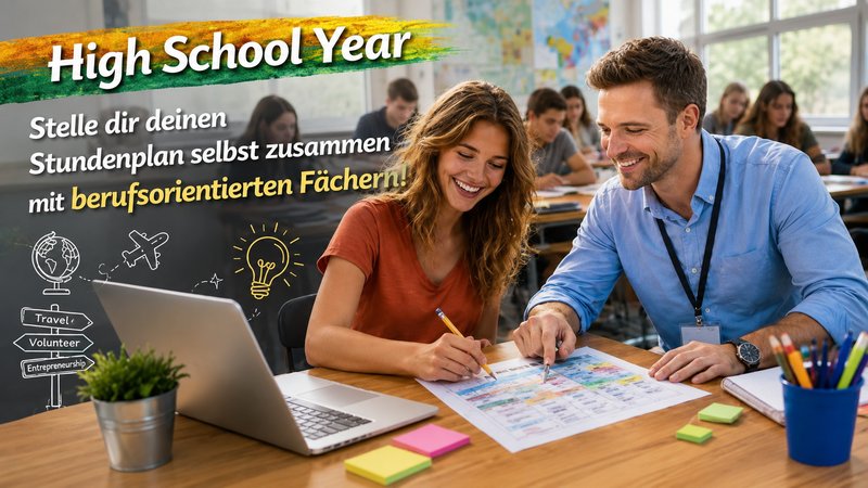 Schülerin plant gemeinsam mit einem Lehrer ihren individuellen Stundenplan für ein High School Year mit berufsorientierten Fächern.