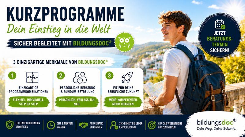 Jugendlicher mit Rucksack und Landkarte blickt motiviert auf eine Küstenlandschaft – Werbung für Kurzprogramme im Ausland mit bildungsdoc®.