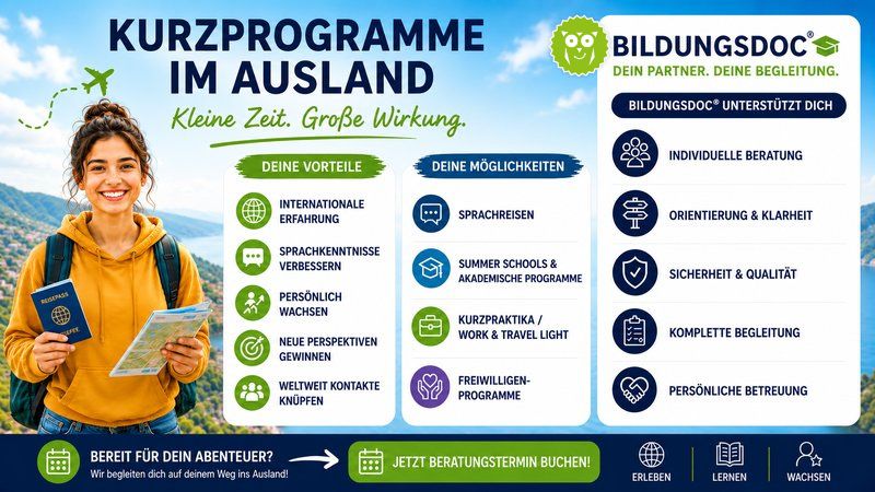 Junge Frau mit Reisepass und Stadtplan vor Berglandschaft – Kurzprogramme im Ausland mit bildungsdoc® für Sprachreisen, Summer Schools, Praktika und Freiwilligenarbeit.