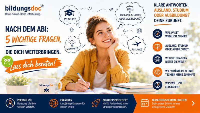 Junge Frau nach dem Abitur denkt über Studium, Ausland, Ausbildung und Zukunft nach – Berufsorientierung mit bildungsdoc®