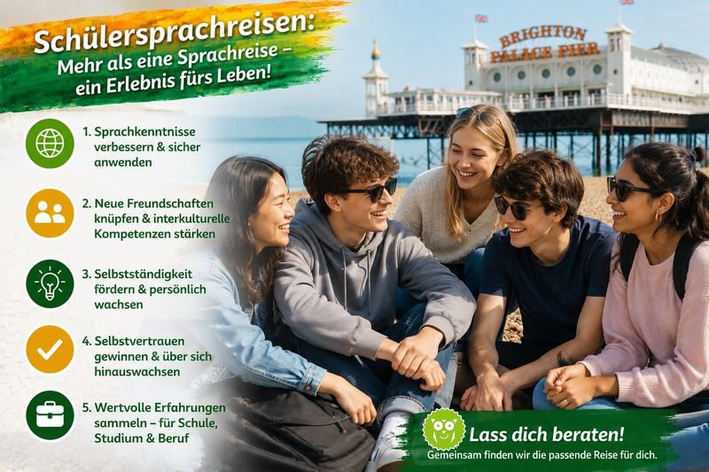 Multikulturelle Schülergruppe bei einer Schülersprachreise in Brighton am Meer vor dem Brighton Palace Pier in England.