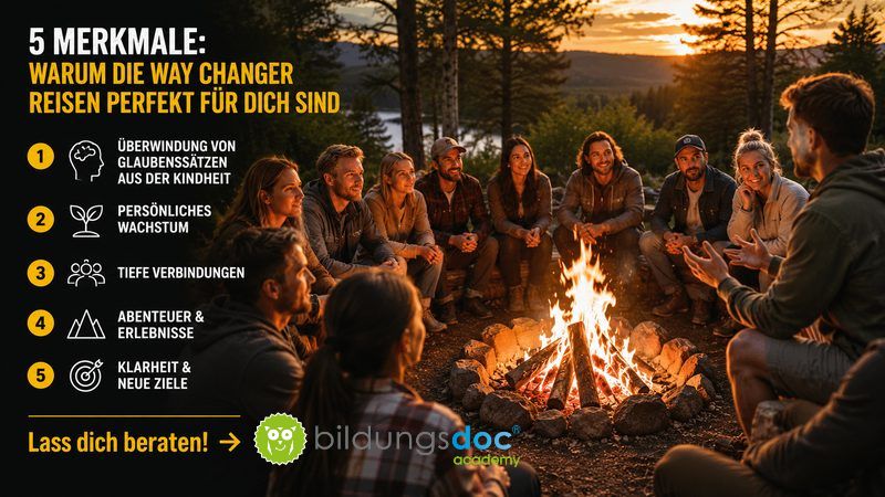 Way Changer Reisen – Persönlichkeitsentwicklung am Lagerfeuer Junge Menschen sitzen abends gemeinsam am Lagerfeuer in der Natur und sprechen über Persönlichkeitsentwicklung, Abenteuer und neue Lebensziele während einer Way Changer Reise von bildungsdoc®.