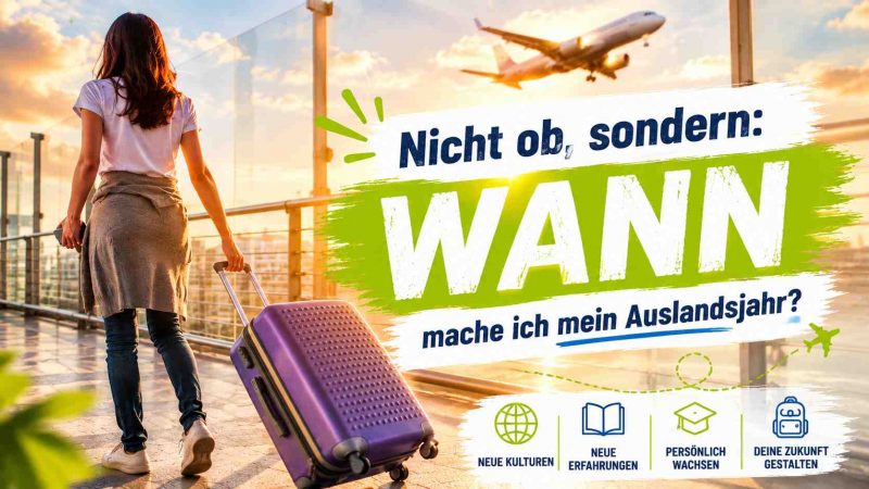 Junge Frau mit Koffer am Flughafen bei Sonnenaufgang. Im Bild steht der Text: „Nicht ob, sondern: WANN mache ich mein Auslandsjahr?“