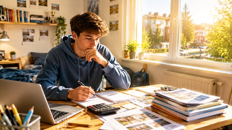 Einstiegsgehalt berechnen – Berufsorientierung für Schüler und Abiturienten | bildungsdoc® Dresden Jugendlicher berechnet in seinem Kinderzimmer sein zukünftiges Einstiegsgehalt und plant seine finanzielle Zukunft vor Ausbildung oder Studium.
