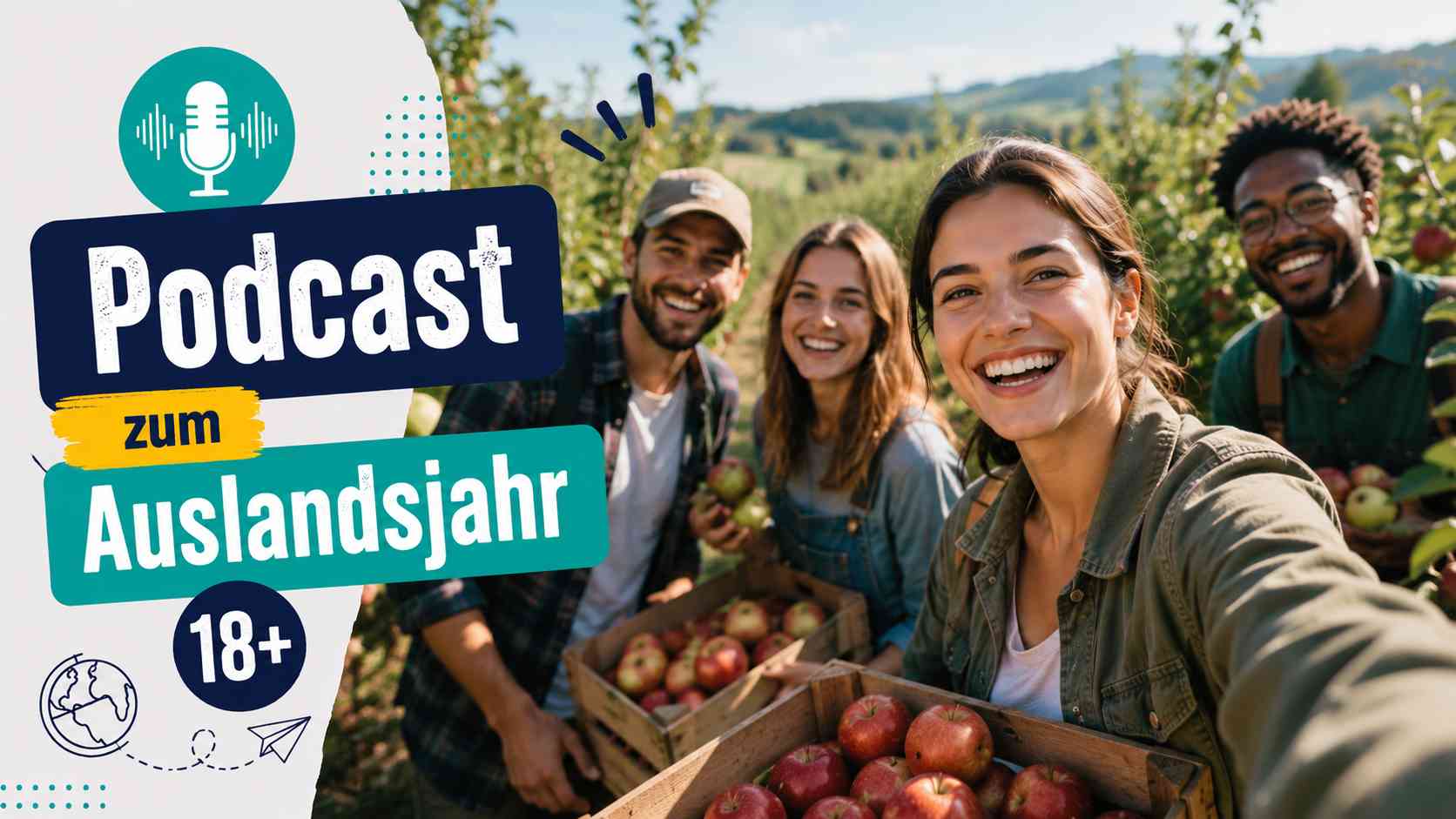 Podcast zum Auslandsjahr 18+ – Internationale Erfahrungen sammeln und persönlich wachsen | bildungsdoc® Dresden Junge Erwachsene auf einer Obstplantage im Ausland während eines Auslandsjahres. Multikulturelle Gruppe mit Lebensfreude bei der Arbeit im Rahmen eines Gap Years, Work & Travel oder Auslandsaufenthalts.