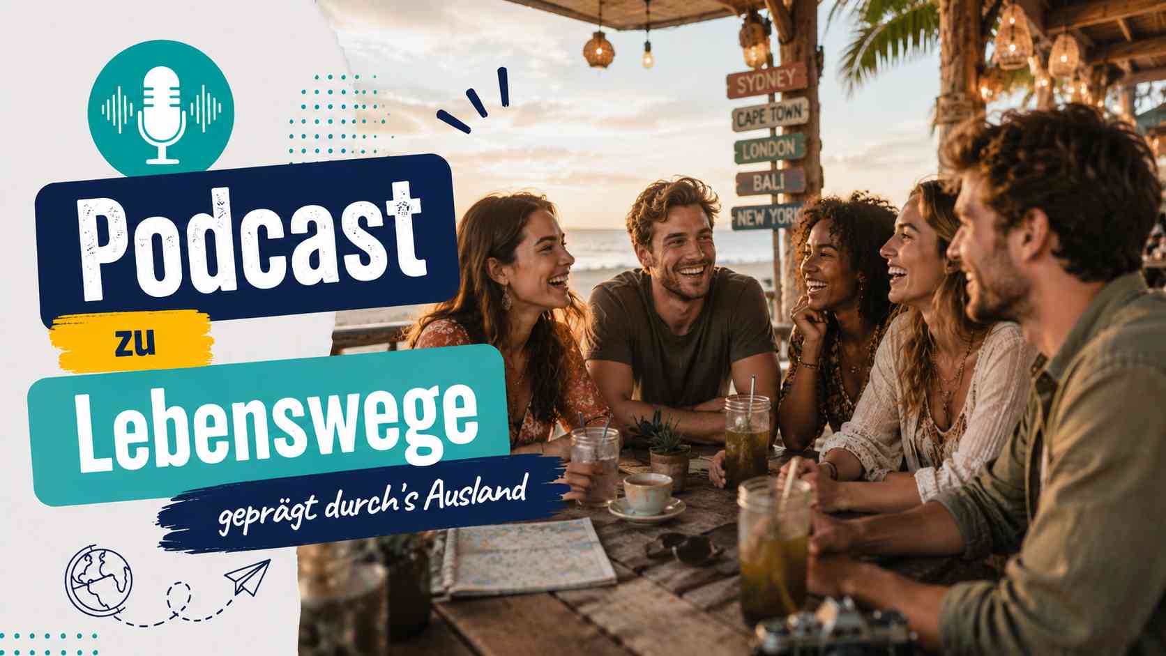 Podcast zu Lebenswegen – Geprägt durch Auslandserfahrungen | bildungsdoc® Dresden Junge Erwachsene sitzen gut gelaunt in einer Strandbar und unterhalten sich über ihre internationalen Erfahrungen. Podcast zu Lebenswegen, geprägt durch das Ausland.