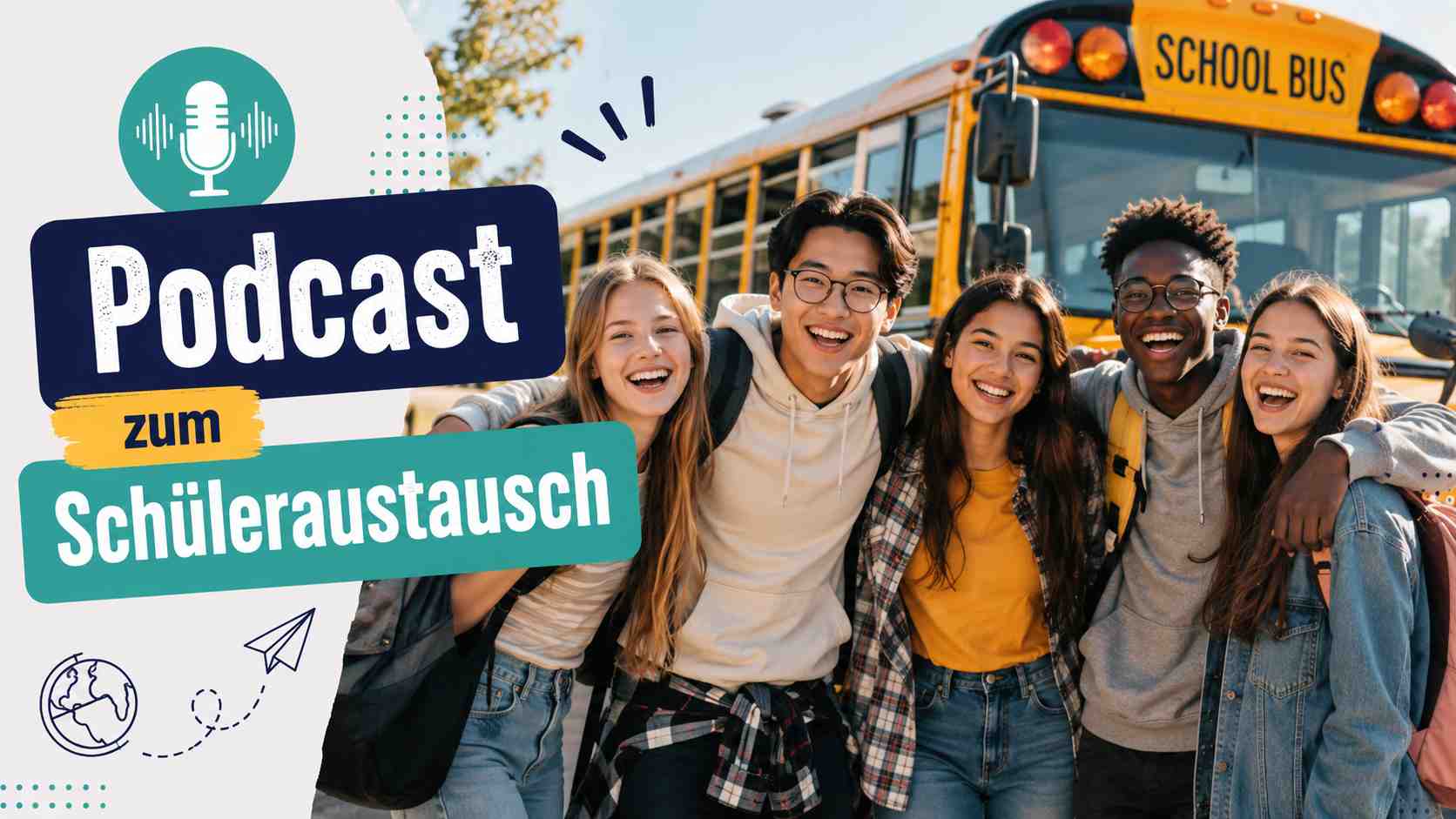 Podcast zum Schüleraustausch – Internationale Schülergruppe vor Schulbus | bildungsdoc® Dresden Fröhliche multikulturelle Schülergruppe vor einem Schulbus während eines Schüleraustauschs. Podcast zum Schüleraustausch von bildungsdoc® Dresden mit Informationen zu High School Year, Auslandsjahr und internationalen Erfahrungen.