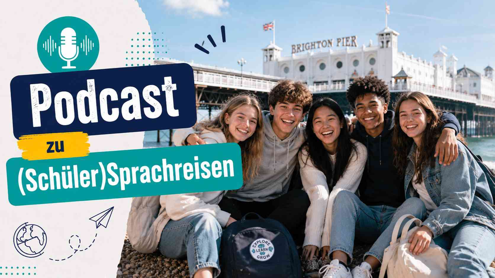 Podcast zu (Schüler)Sprachreisen – Sprachlernen, Abenteuer und internationale Freundschaften | bildungsdoc® Dresden Fröhliche multikulturelle Schülergruppe am Strand von Brighton während einer Schülersprachreise nach England. Podcast zu Sprachreisen von bildungsdoc® Dresden.