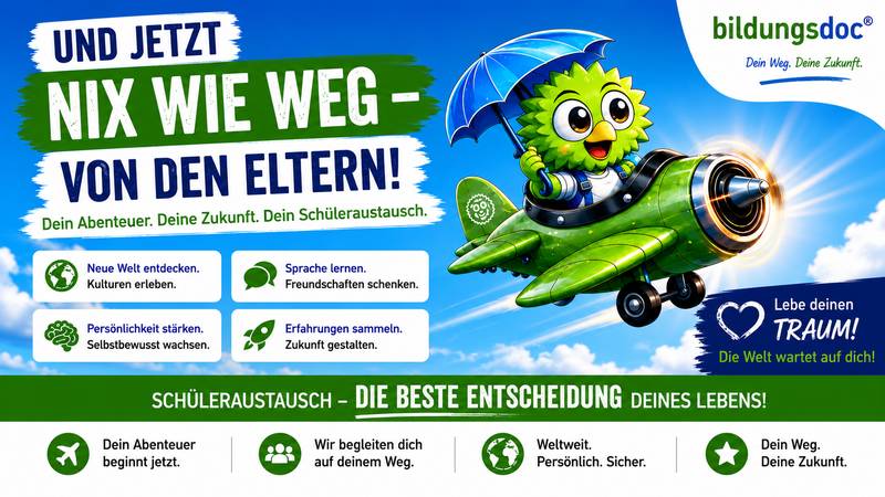 Schüleraustausch von bildungsdoc®: Eine grüne Eule fliegt mit einem Flugzeug in ein Auslandsjahr. Schüleraustausch stärkt Persönlichkeit, Zukunftskompetenzen und bereitet auf den Arbeitsmarkt von morgen vor.