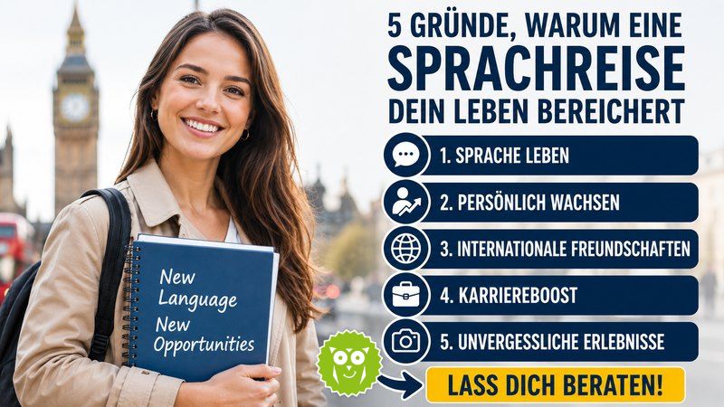 Sprachreise London – 5 Gründe, warum eine Sprachreise dein Leben bereichert Junge Frau auf Sprachreise in London mit Englischbuch vor Big Ben – fünf Gründe, warum eine Sprachreise das Leben bereichert: Sprache leben, persönlich wachsen, internationale Freundschaften, Karriereboost und unvergessliche Erlebnisse.