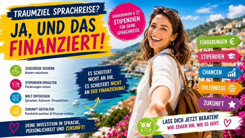 Junge Frau auf Sprachreise im Ausland informiert über Förderungen und Stipendien für Sprachreisen – Finanzierung einer Sprachreise mit Unterstützung von Zuschüssen und Förderprogrammen.