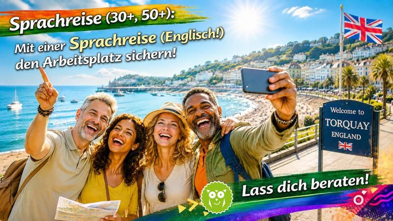 Sprachreise für Erwachsene in Torquay, England: Teilnehmer einer Englisch-Sprachreise genießen Sonne, Meer und internationale Erfahrungen zur Verbesserung ihrer Sprachkenntnisse und Karrierechancen.