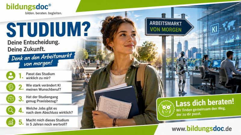 Studium heute – Erfolgreich auf den Arbeitsmarkt von morgen vorbereiten. Junge Frau vor der Studienwahl mit Blick auf den Arbeitsmarkt von morgen. Das Bild zeigt die wichtigsten Fragen vor einem Studium, KI, Berufsorientierung und Zukunftschancen.