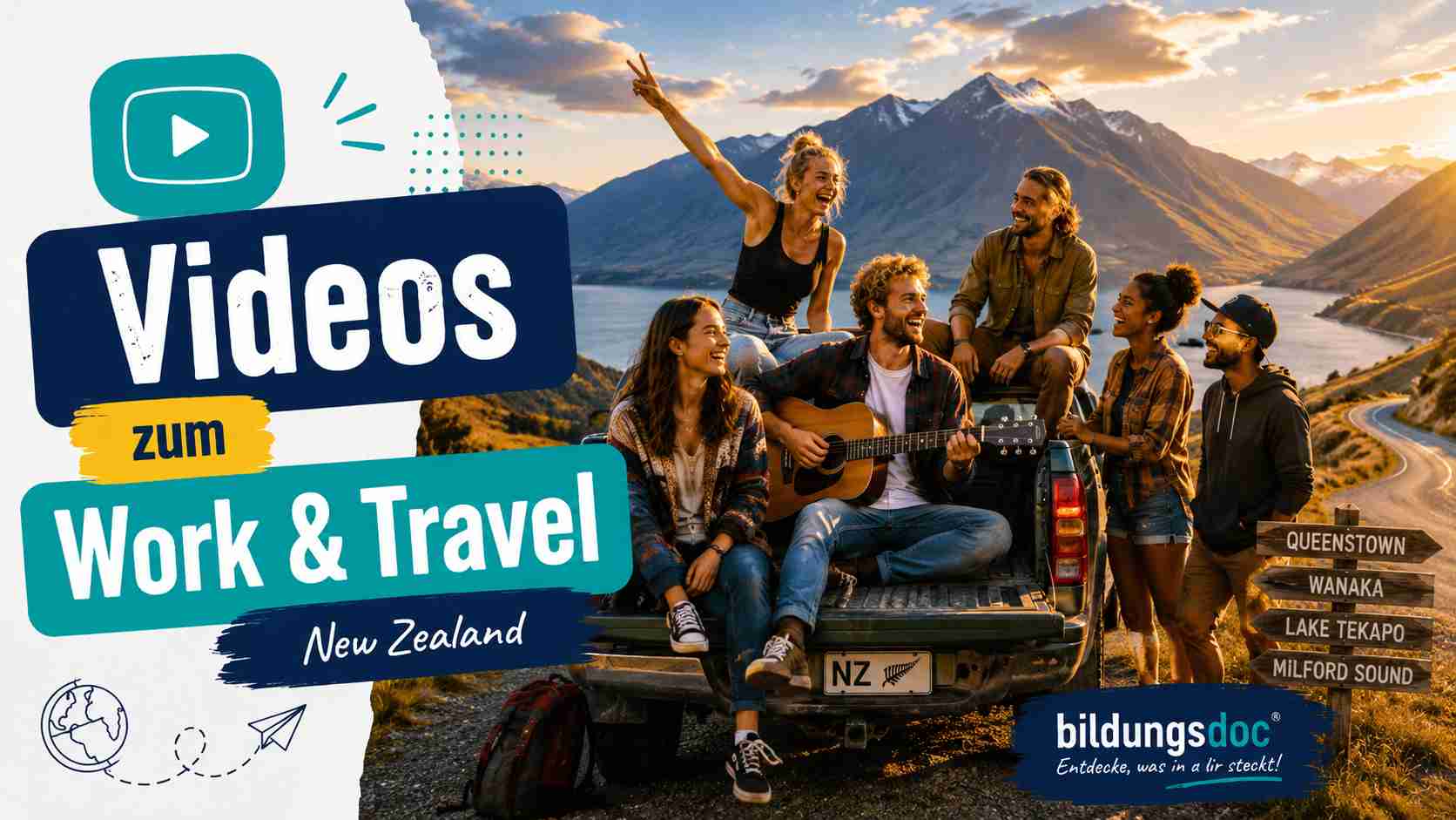 video-work-and-travel-neuseeland-roadtrip-pickup-bildungsdoc-dresden Junge Erwachsene sitzen auf einem Pick-up in der beeindruckenden Berglandschaft Neuseelands. Ein Teilnehmer spielt Gitarre, die Gruppe singt und genießt ihr Work-&-Travel-Abenteuer.