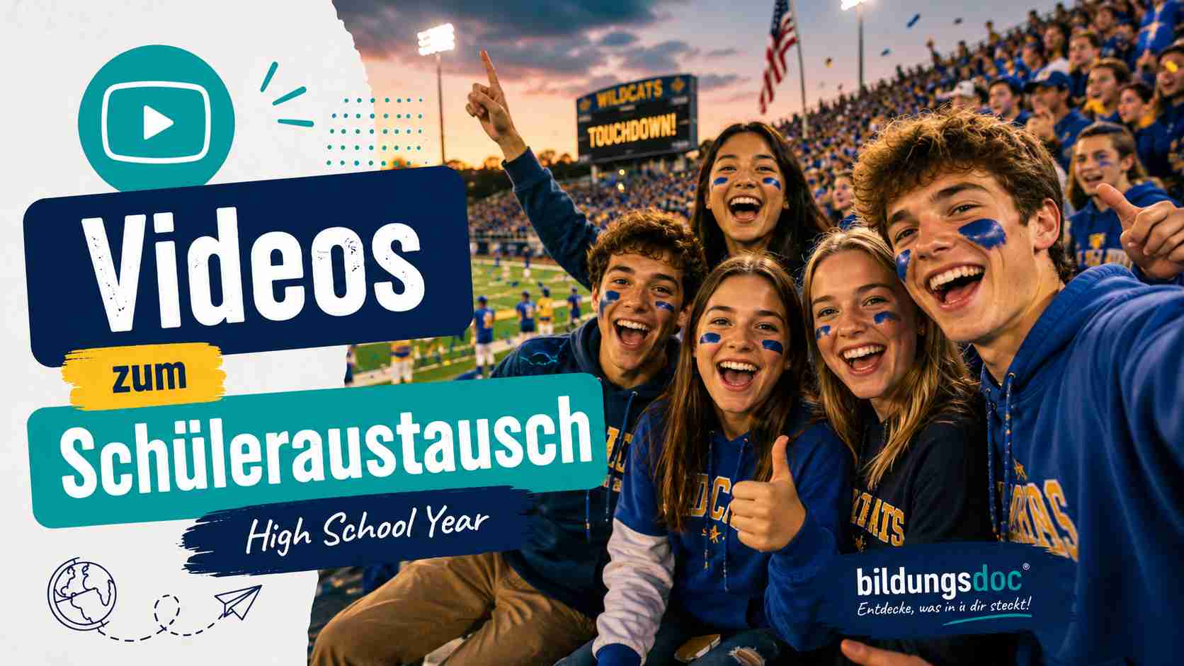 Videos zum Schüleraustausch – High School Year USA erleben | bildungsdoc® Dresden Begeisterte Austauschschüler besuchen ein American-Football-Spiel während ihres High School Years in den USA. Die Jugendlichen jubeln im Stadion und genießen die besondere High-School-Atmosphäre.