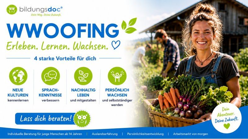 Junge Frau beim WWOOFing auf einem Bio-Bauernhof im Ausland mit frischem Gemüse – nachhaltiges Reisen, Sprachpraxis, kultureller Austausch und Persönlichkeitsentwicklung.