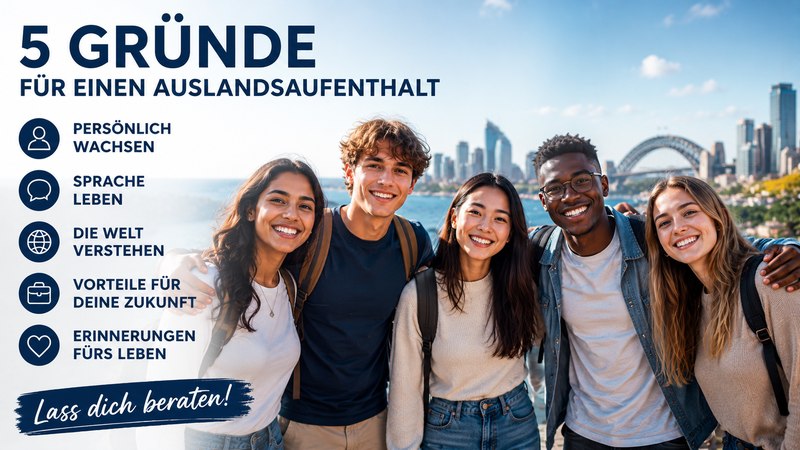 Fünf Jugendliche in Sydney zeigen die fünf wichtigsten Vorteile eines Auslandsaufenthalts für Persönlichkeit und Zukunft.