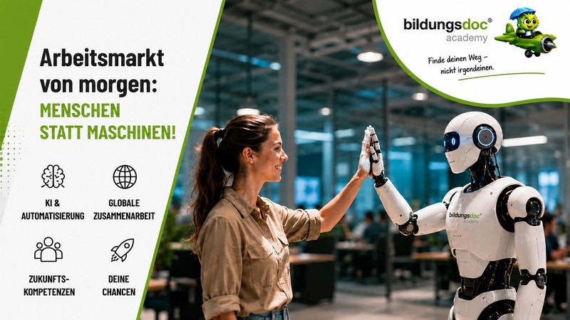 Arbeitsmarkt von morgen: Menschen statt Maschinen – KI, Zukunftskompetenzen & Berufsorientierung Junge Frau gibt einem humanoiden Roboter die Hand. Das Bild symbolisiert die Zusammenarbeit von Mensch und künstlicher Intelligenz sowie die Bedeutung von Zukunftskompetenzen für den Arbeitsmarkt von morgen.