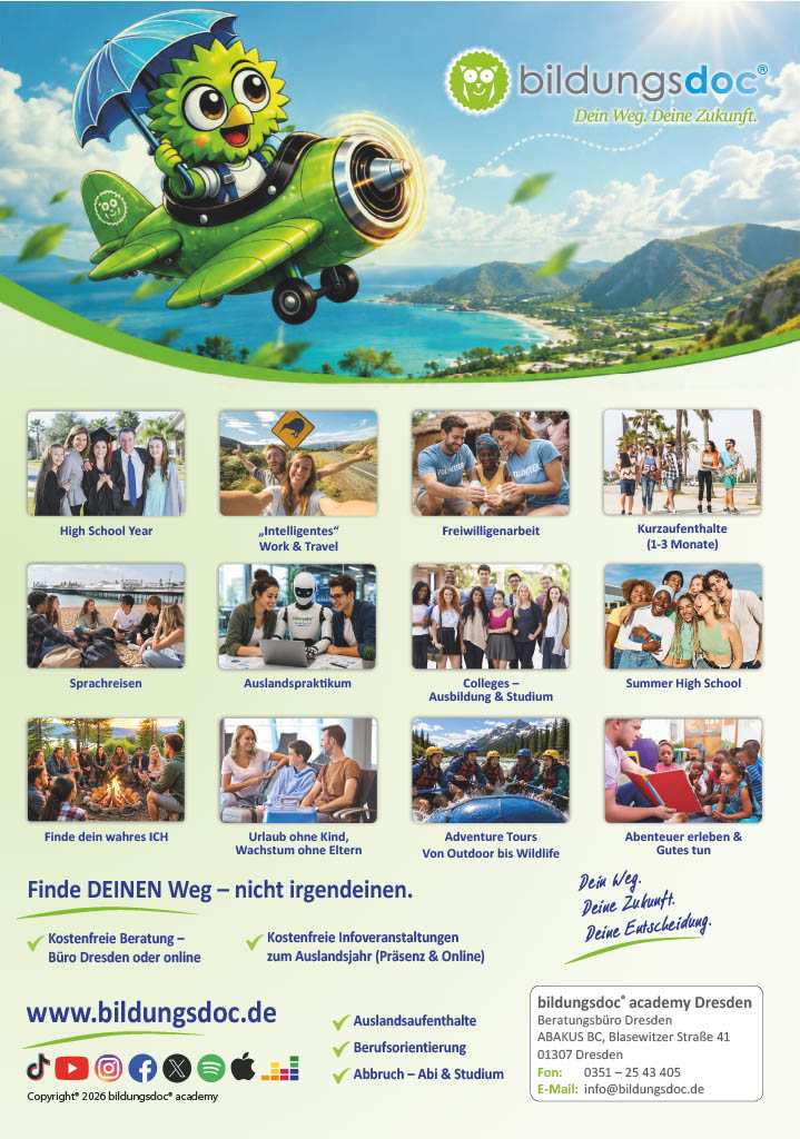 bildungsdoc® Katalog mit Programmen für Auslandsjahr, High School, Work & Travel, Sprachreisen und Freiwilligenarbeit in Dresden.