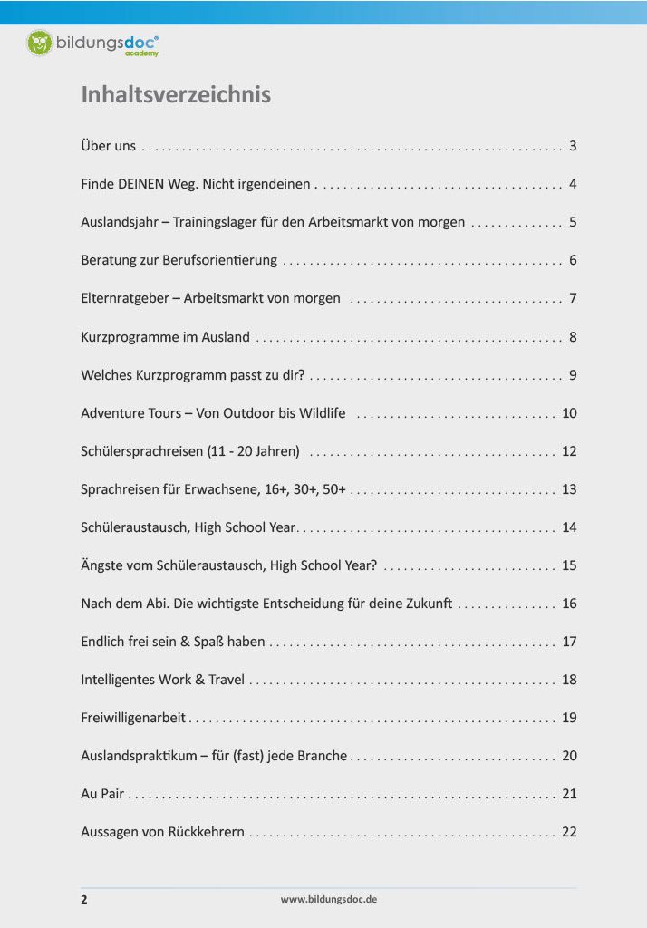 bildungsdoc®-Katalog: Inhaltsverzeichnis