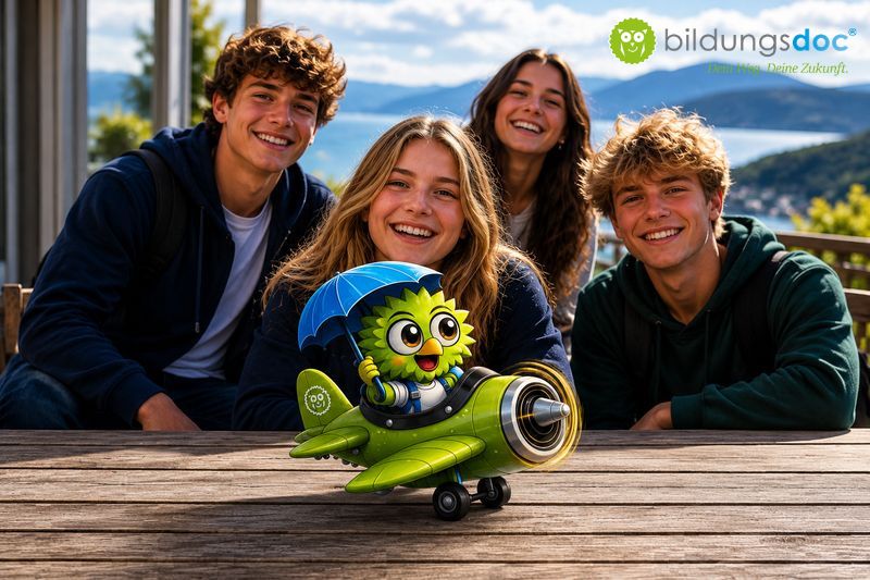 Vier Jugendliche mit dem bildungsdoc®-Flugzeug und der Eule als Symbol für Auslandsjahr, Persönlichkeitsentwicklung und Berufsorientierung.