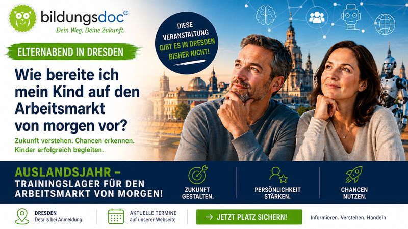 Elternabend in Dresden zum Arbeitsmarkt von morgen – bildungsdoc® zeigt Eltern, wie sie ihre Kinder zukunftssicher begleiten.