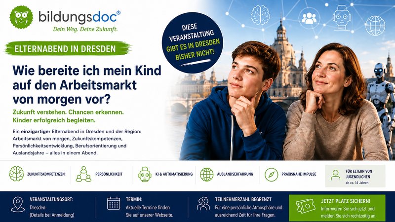 Elternabend in Dresden zum Arbeitsmarkt von morgen – Mutter und Sohn informieren sich über Zukunftskompetenzen, KI, Persönlichkeitsentwicklung und Auslandsjahr bei bildungsdoc® academy Dresden.