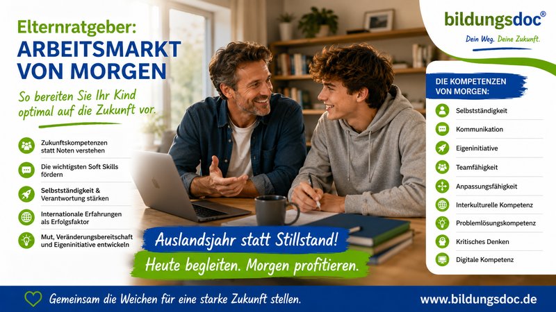 Eltern und Sohn im Beratungsgespräch zum Arbeitsmarkt von morgen – bildungsdoc® Dresden informiert über Zukunftskompetenzen, Auslandsjahr und Berufsorientierung.