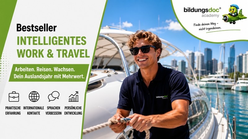 Intelligentes Work & Travel in Australien – Auslandsjahr zur Berufsorientierung Junger Teilnehmer arbeitet auf einer Yacht in Australien und sammelt internationale Berufserfahrung während eines Intelligenten Work & Travel-Auslandsjahres mit bildungsdoc® Dresden.