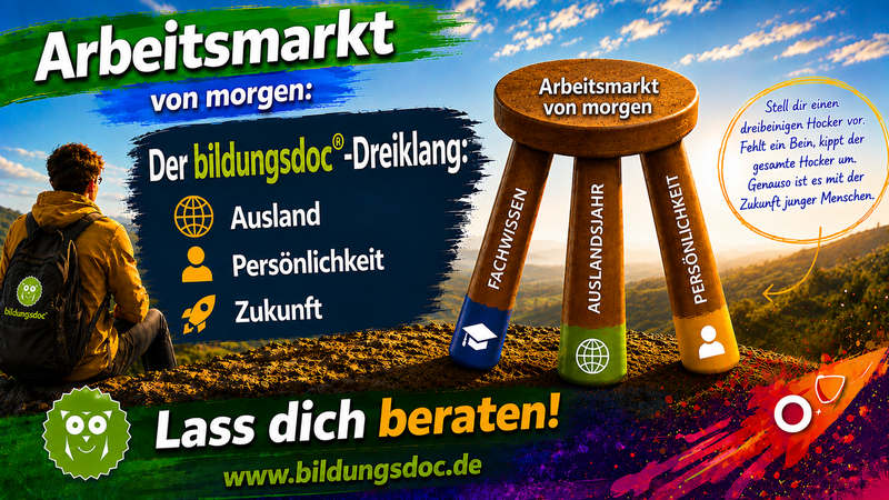 bildungsdoc-Dreiklang: Auslandsjahr, Persönlichkeitsentwicklung und Zukunft als Vorbereitung auf den Arbeitsmarkt von morgen.