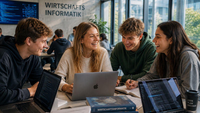 Jules duales Studium Wirtschaftsinformatik – gemeinsam lernen und Zukunft gestalten Jule im dualen Studium Wirtschaftsinformatik mit Kommilitonen bei gemeinsamer Projektarbeit.