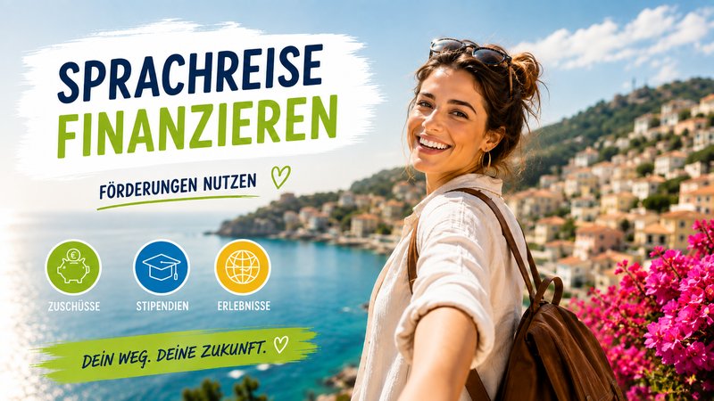 Sprachreise-Stipendium: Förderungen und Zuschüsse für Sprachreisen weltweit Junge Frau auf Sprachreise im Ausland informiert über Förderungen und Stipendien für Sprachreisen – Finanzierung einer Sprachreise mit Unterstützung von Zuschüssen und Förderprogrammen.